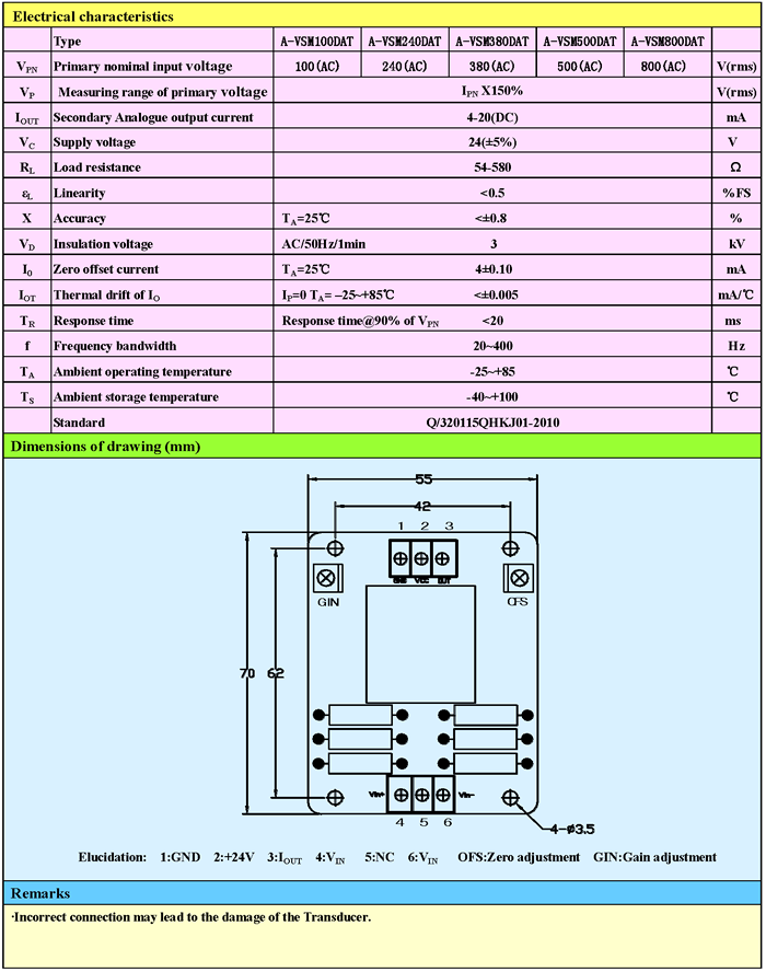 A-VSM800DAT Closed Loop Hall Effect Voltage Sensors